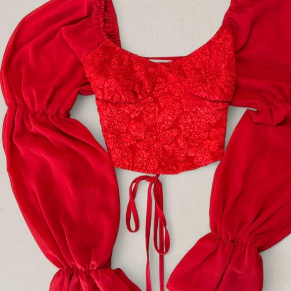 SHEIN Red Lace Corset Crop Top Sheer Puff Sleeve Tie Back Size Large - Picture 2 of 7